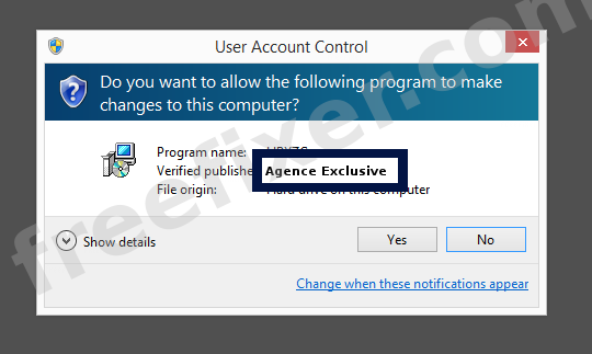 Screenshot where Agence Exclusive appears as the verified publisher in the UAC dialog